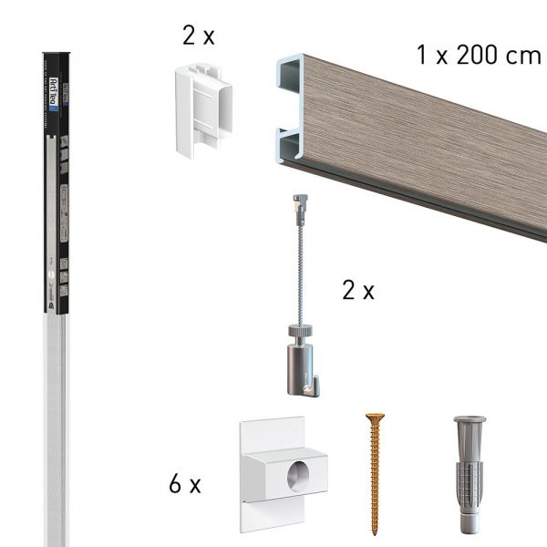 All-in-One Kit Click Rail 2 m silber mit 2 mm Stahlseil und Haken 15 kg